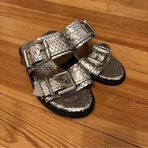 Schutz Shina Double Buckle Slide Flat Sandals 5.5 Silver Snake-embossed Leather